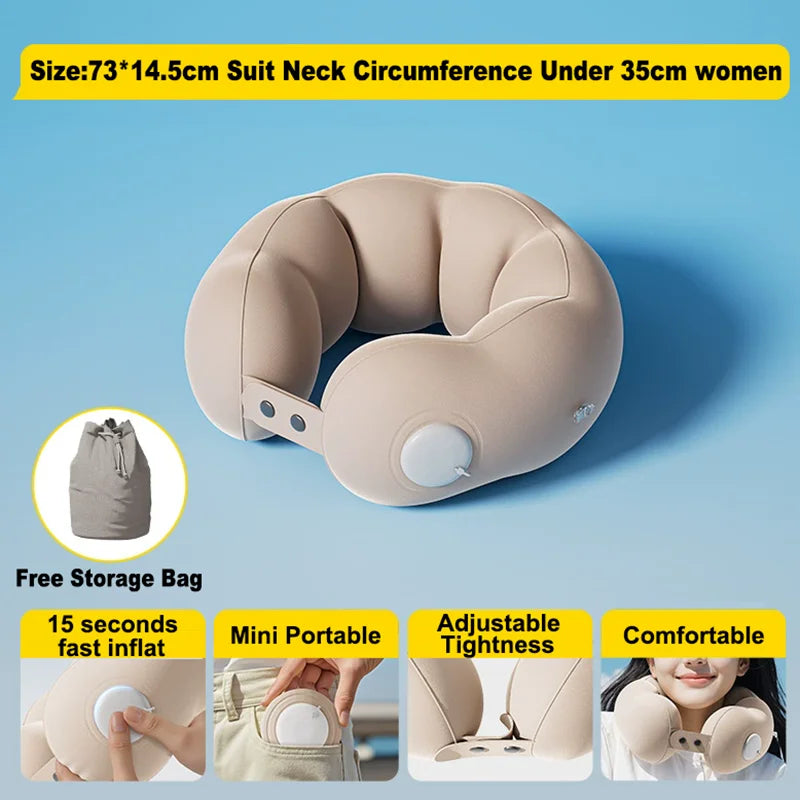 Inflatable travel neck pillow with ergonomic cervical support for airplane travel