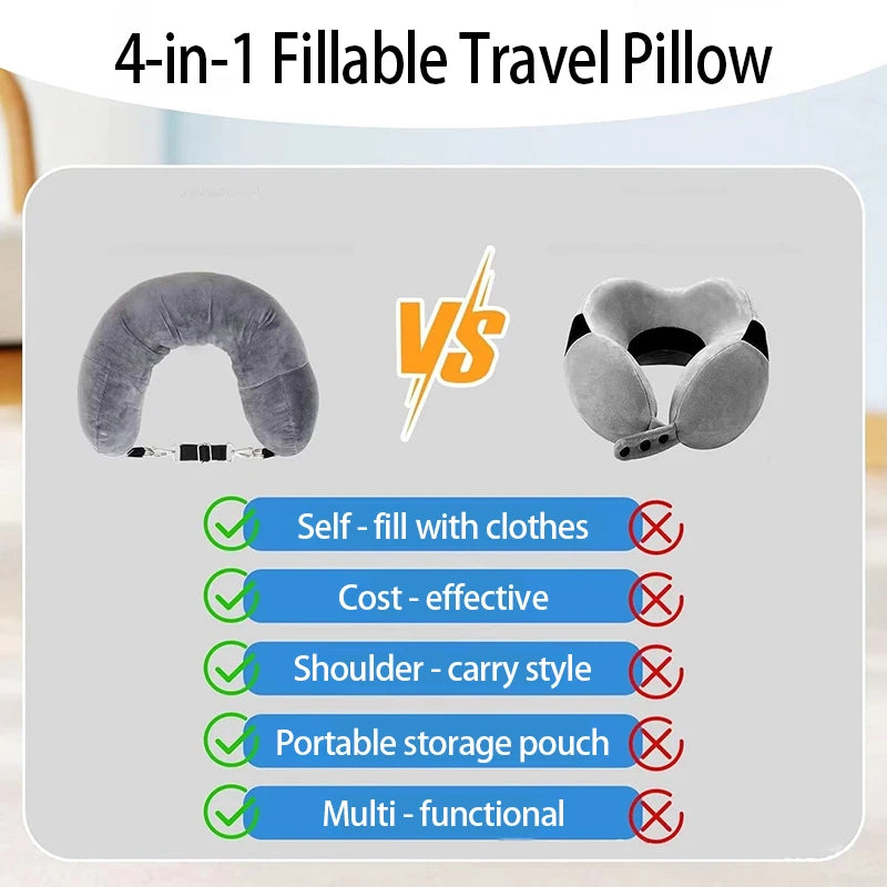 Fillable travel neck pillow for space-saving travel and comfortable neck support