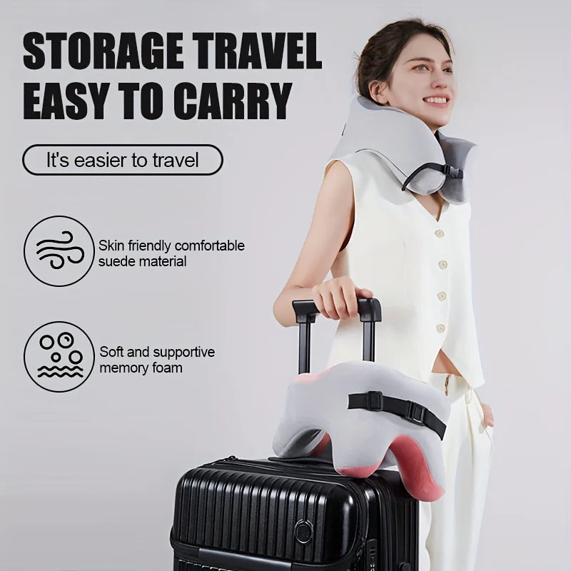 Memory foam travel neck pillow with ergonomic U-shaped cervical support for airplane travel