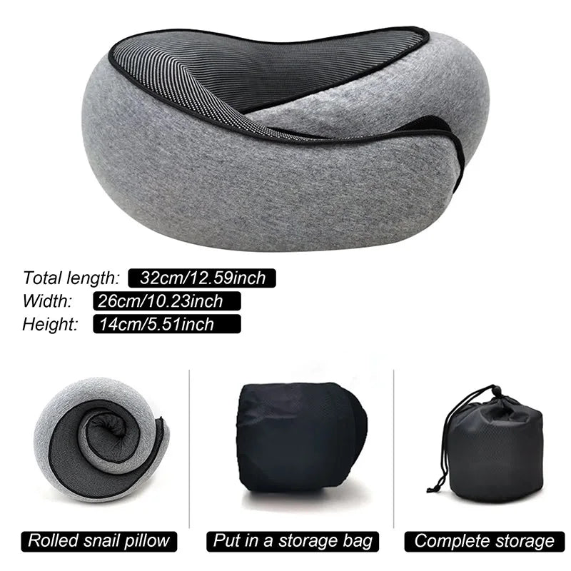 Adjustable memory foam travel neck pillow with ergonomic snail-style neck support