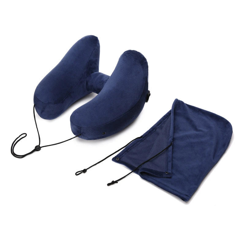 Hooded inflatable travel neck pillow with ergonomic neck support for airplane travel