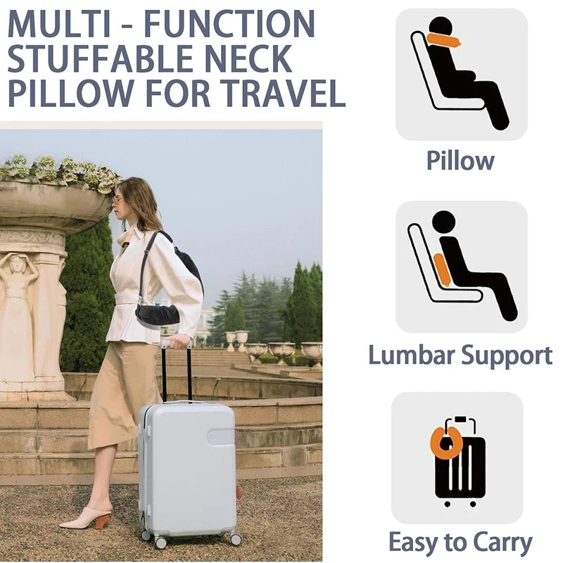 Fillable travel neck pillow for space-saving travel and comfortable neck support