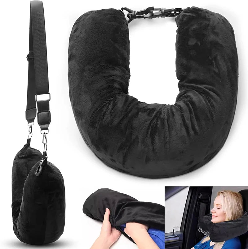 Fillable travel neck pillow for space-saving travel and comfortable neck support