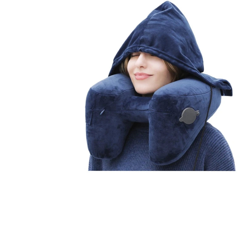 Hooded inflatable travel neck pillow with ergonomic neck support for airplane travel