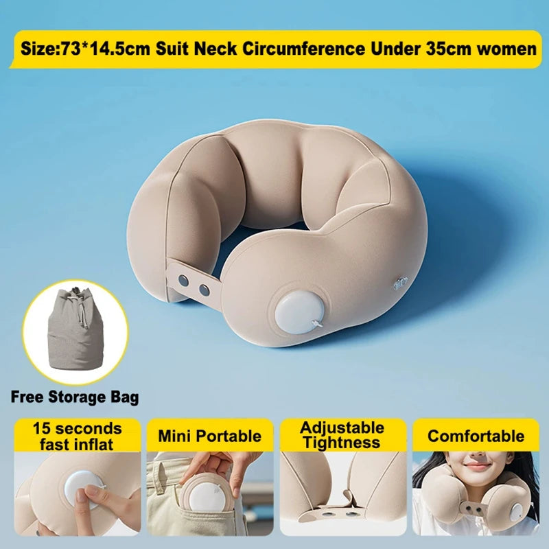 Inflatable travel neck pillow with ergonomic cervical support for airplane travel