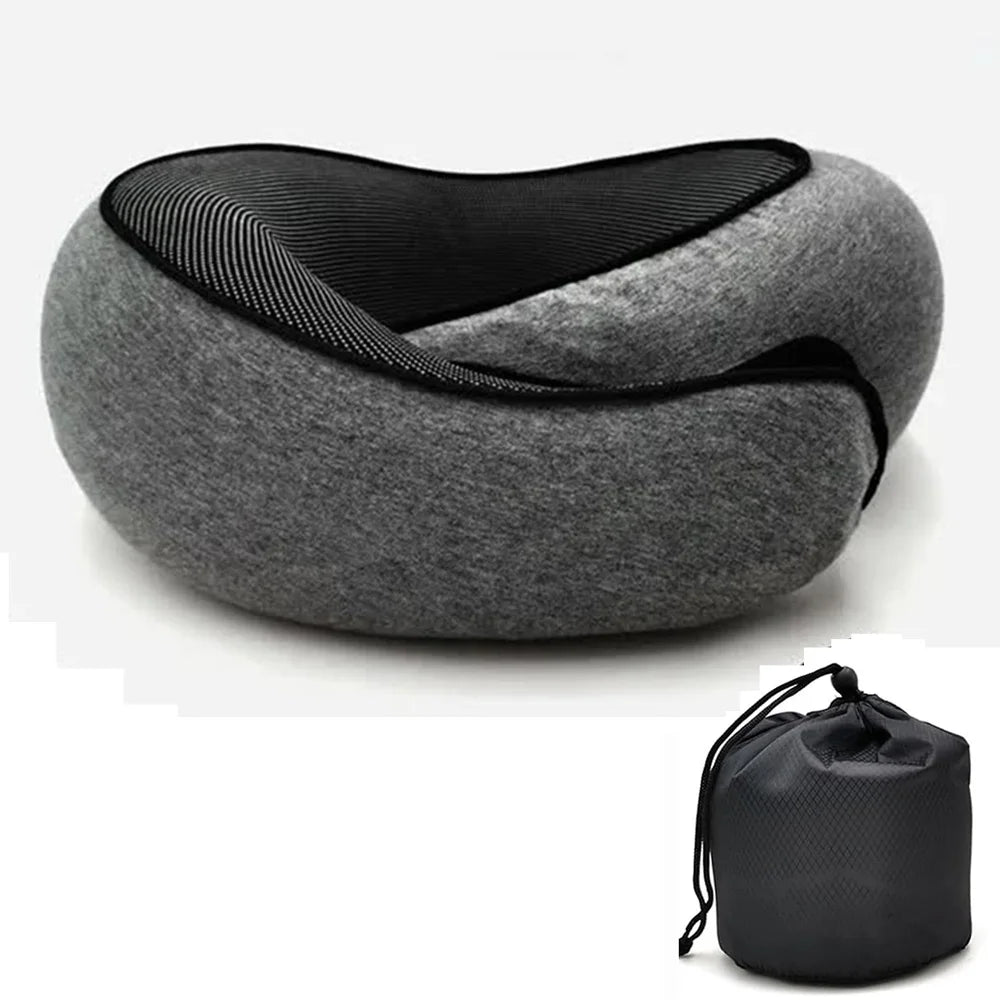 Adjustable memory foam travel neck pillow with ergonomic snail-style neck support