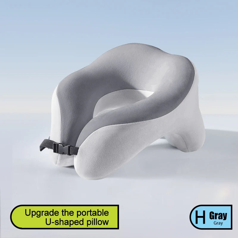 Memory foam travel neck pillow with ergonomic U-shaped cervical support for airplane travel