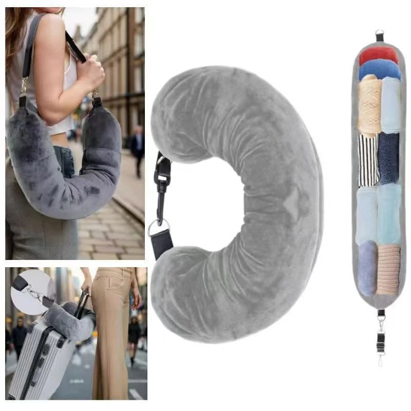 Fillable travel neck pillow for space-saving travel and comfortable neck support