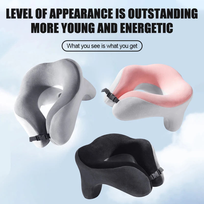 Memory foam travel neck pillow with ergonomic U-shaped cervical support for airplane travel