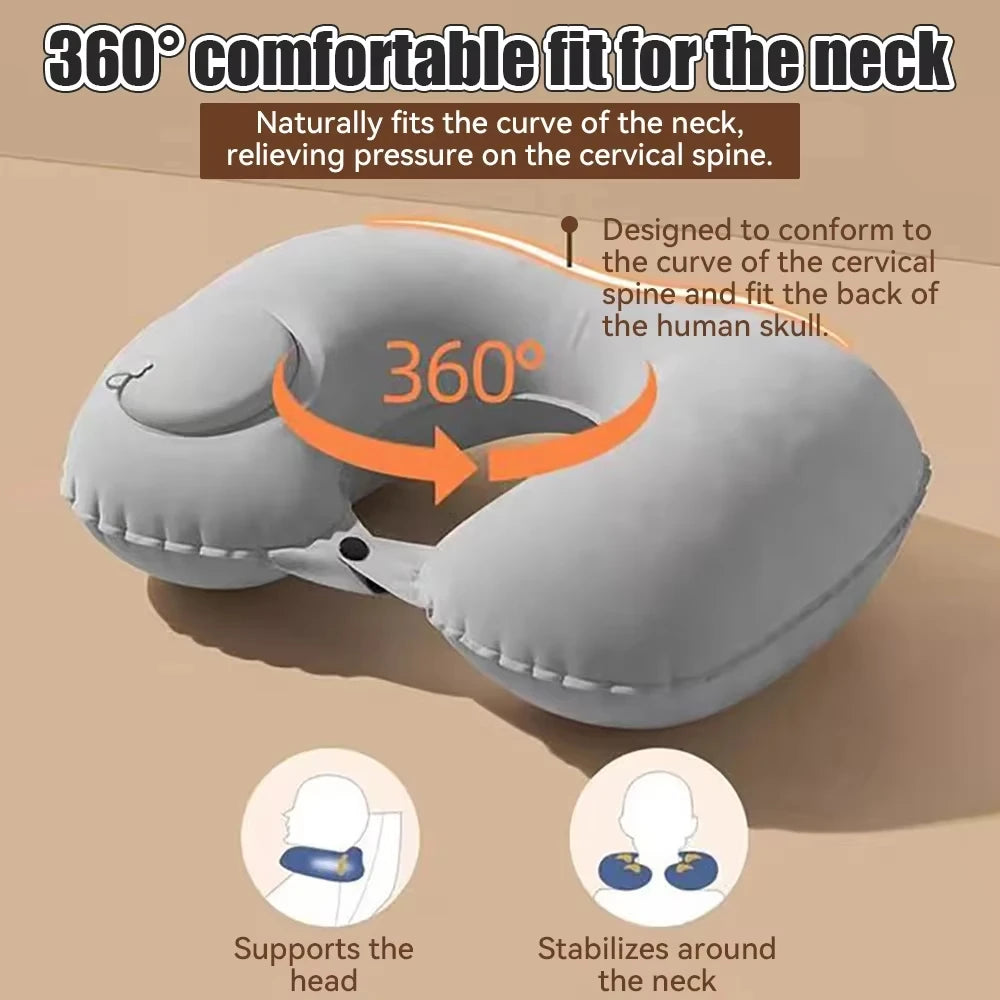 Inflatable travel neck pillow with ergonomic cervical support for airplane travel