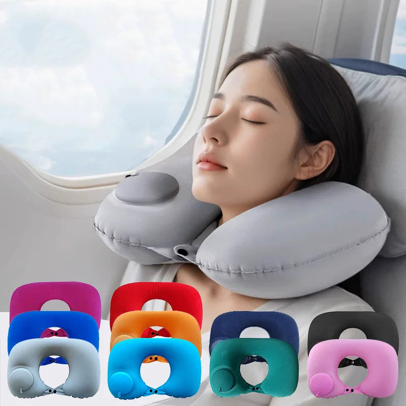 Inflatable travel neck pillow with ergonomic cervical support for airplane travel