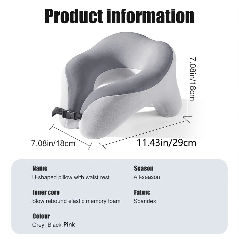 Memory foam travel neck pillow with ergonomic U-shaped cervical support for airplane travel