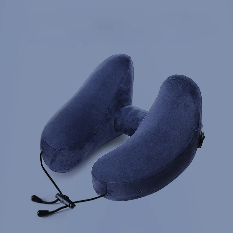 Hooded inflatable travel neck pillow with ergonomic neck support for airplane travel
