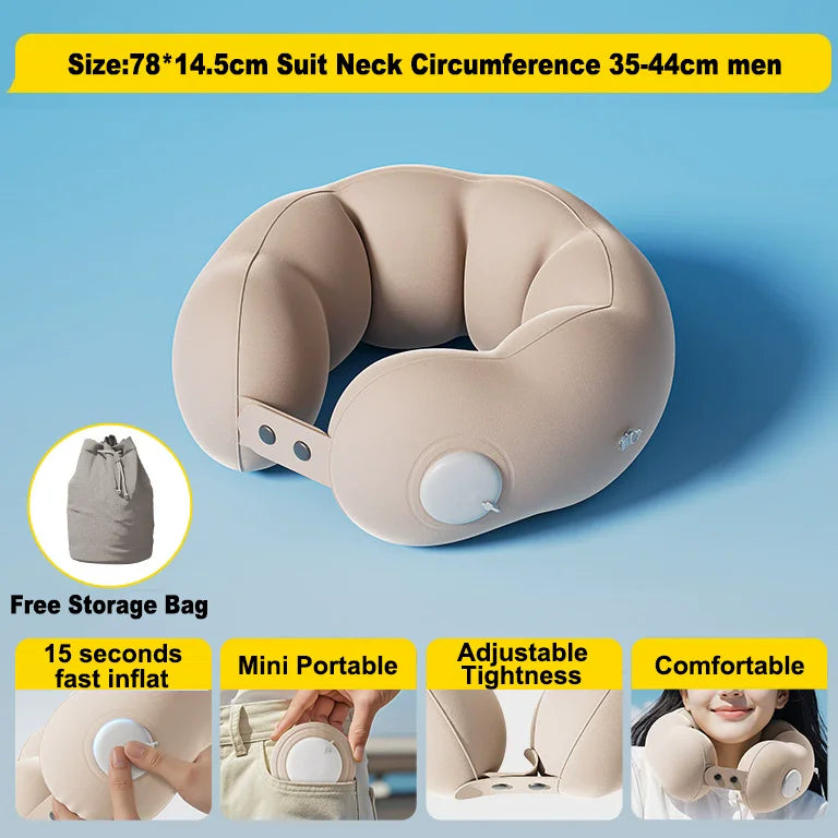 Inflatable travel neck pillow with ergonomic cervical support for airplane travel