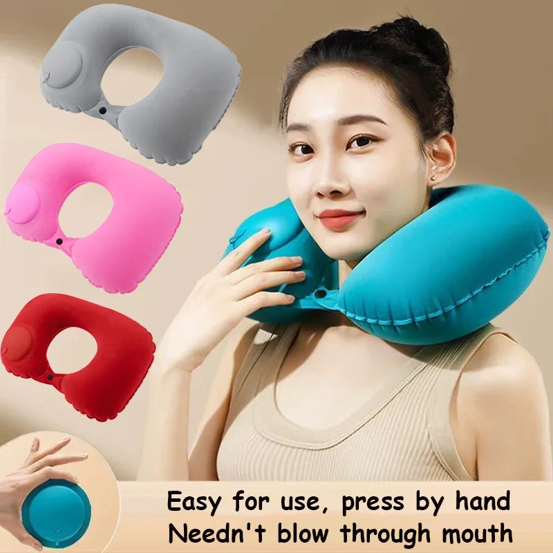 Inflatable travel neck pillow with ergonomic cervical support for airplane travel