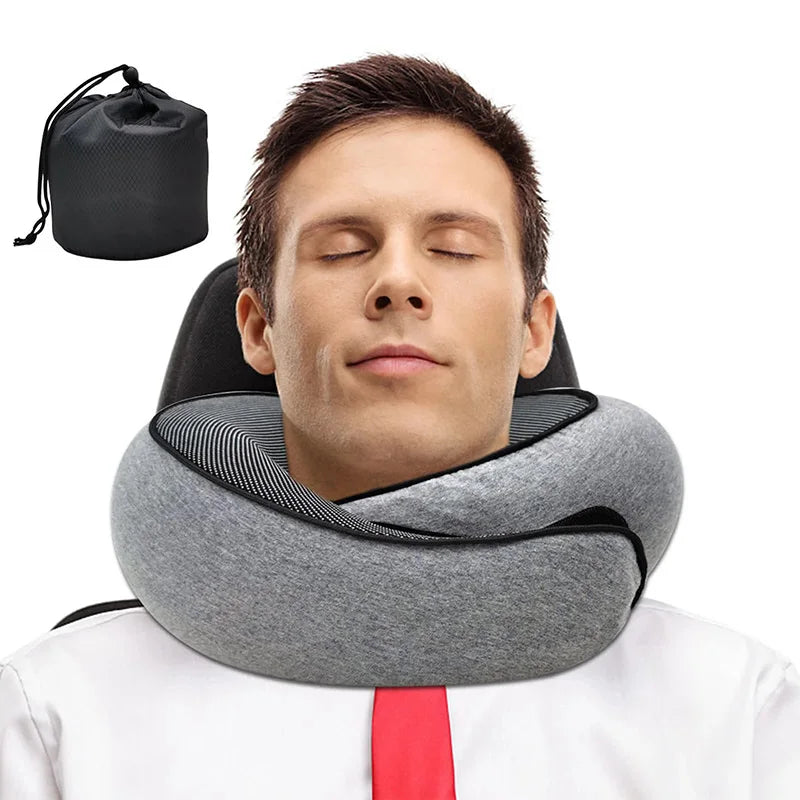 Adjustable memory foam travel neck pillow with ergonomic snail-style neck support