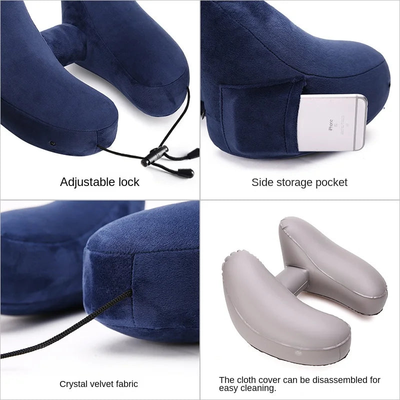 Hooded inflatable travel neck pillow with ergonomic neck support for airplane travel