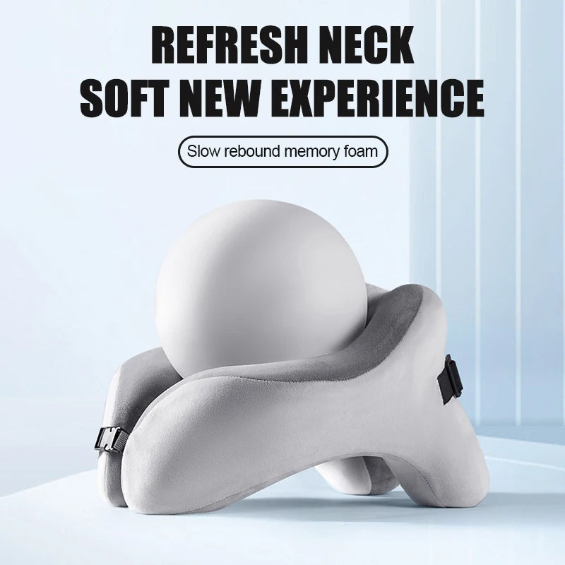 Memory foam travel neck pillow with ergonomic U-shaped cervical support for airplane travel