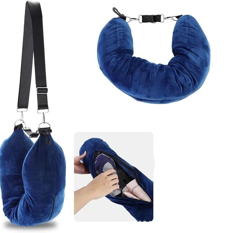 Fillable travel neck pillow for space-saving travel and comfortable neck support