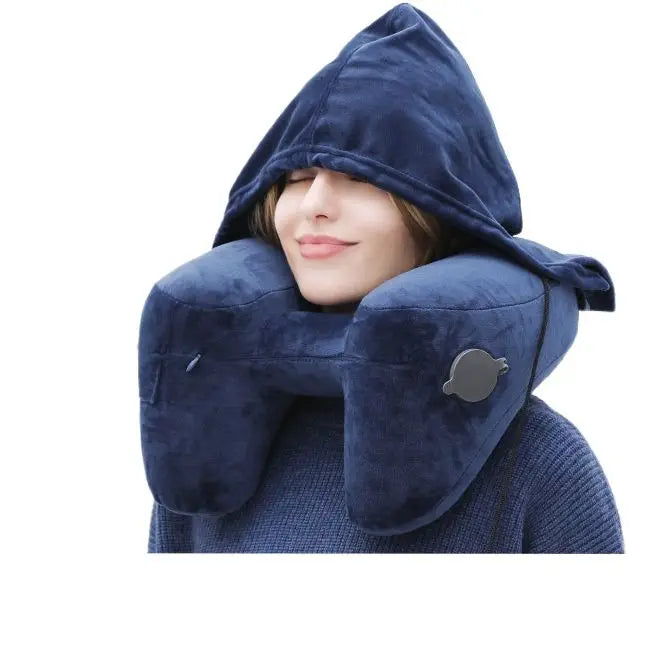 Hooded inflatable travel neck pillow with ergonomic neck support for airplane travel