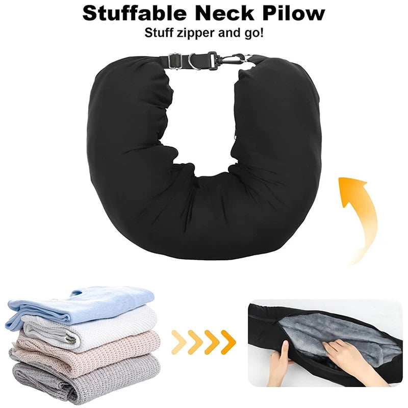 Fillable travel neck pillow for space-saving travel and comfortable neck support