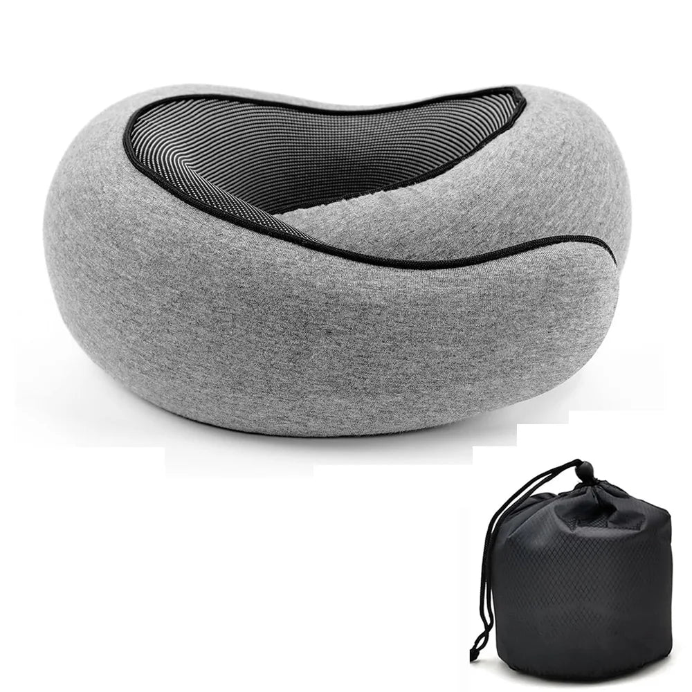 Adjustable memory foam travel neck pillow with ergonomic snail-style neck support